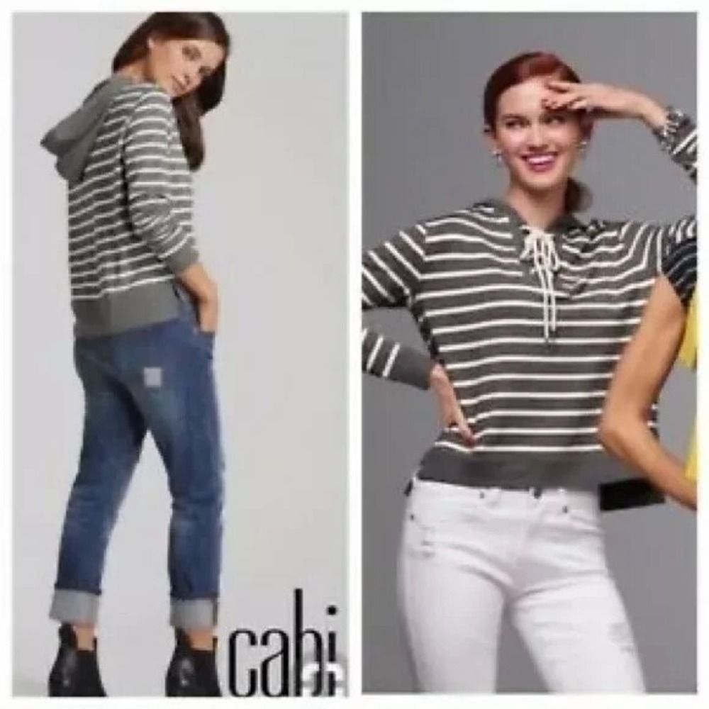 Cabi Hoodie Women's L Gray White Striped Rope Lace Up V Neck Hooded Tie Preppy